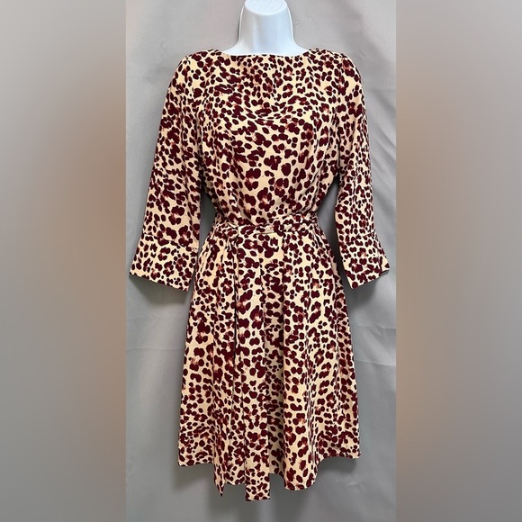 H&M WOMEN’S MODERN CLASSIC BEIGE/RED & LEOPARD PRINT DRESS W/TIE BELT SZ‎ 6 - Picture 1 of 11